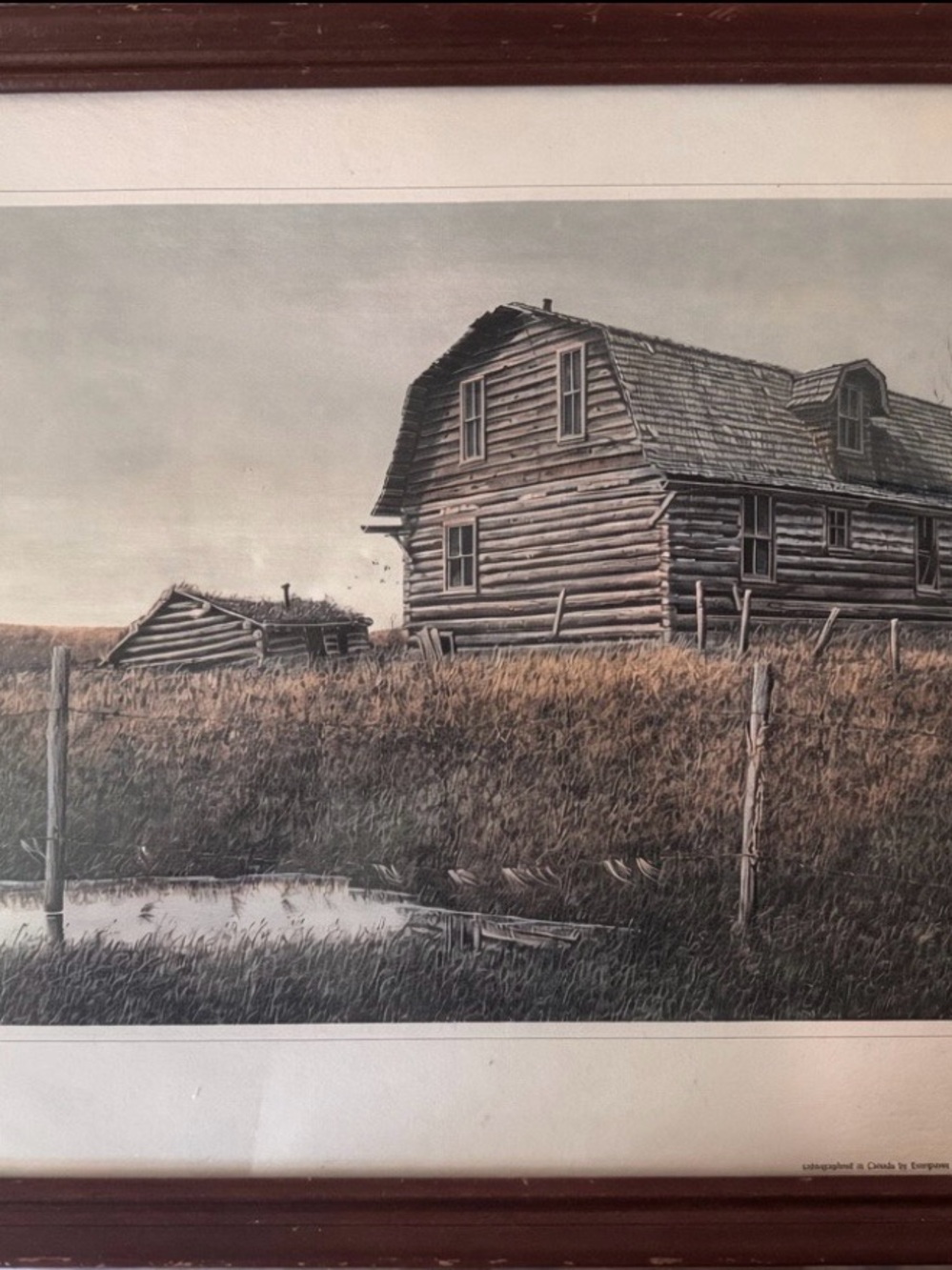 A framed and matted, vintage Leonard James Gibbs "Barn" Farmhouse lithograph